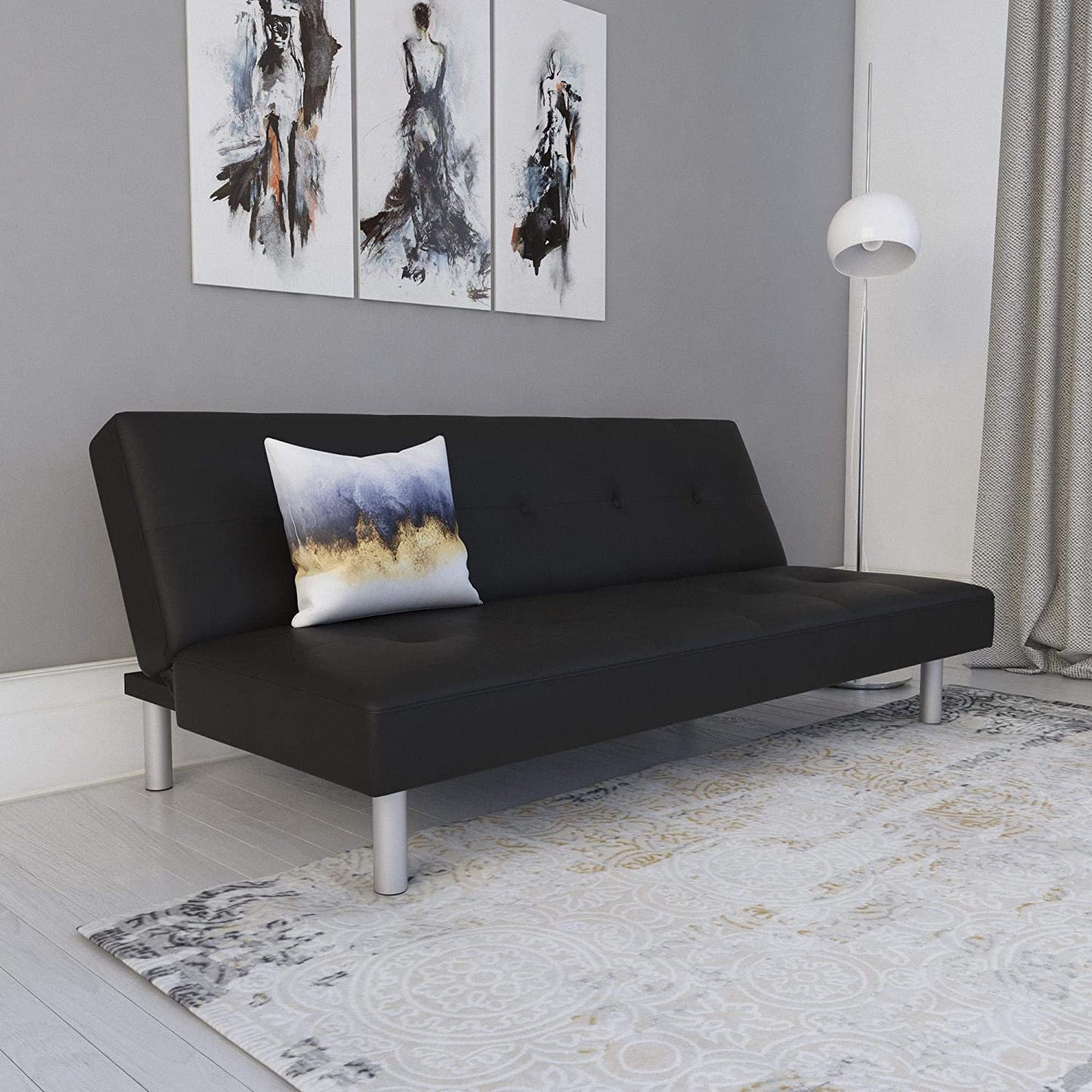 SOFA CUM BED Leatherette Upholstery, Modern Style, Black Faux Leatherette