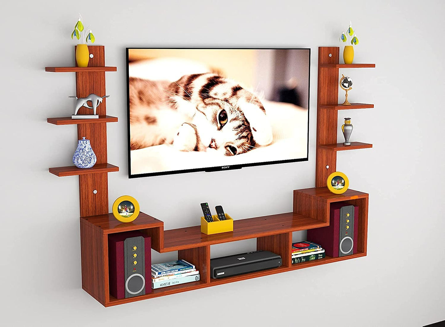 Wall Mount TV Unit: Wall Mount TV Stand And 6 Wall Shelf Display Rack(Ideal for up to 43"screen)