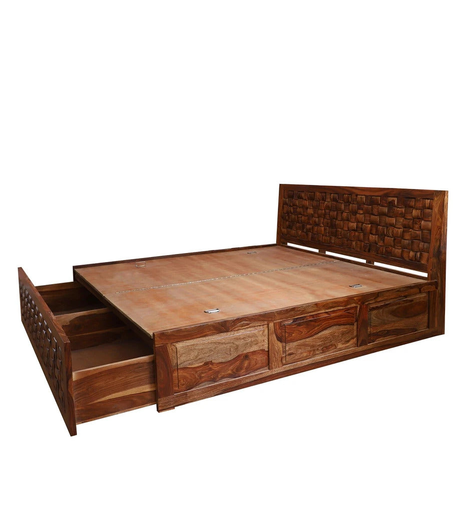 Sheesham Furniture: King Size Double Bed with Front and Top Storage in Honey Oak