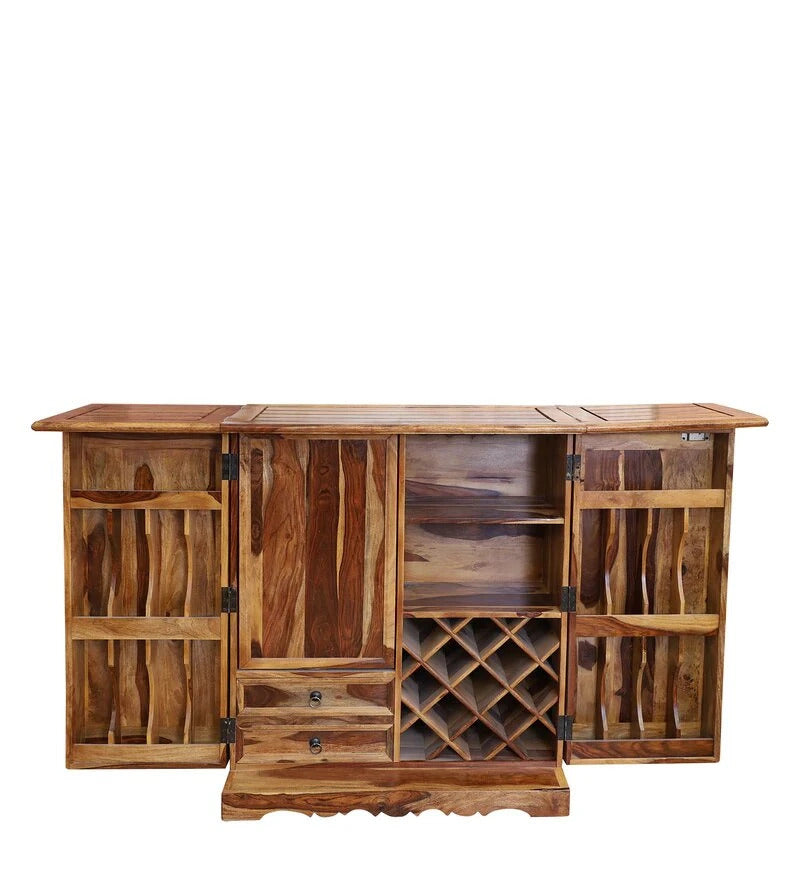Sheesham Furniture: Solid Wood Two Door Bar Cabinet in Honey Oak Finished