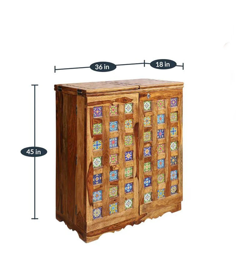 Sheesham Furniture: Solid Wood Two Door Bar Cabinet in Honey Oak Finished