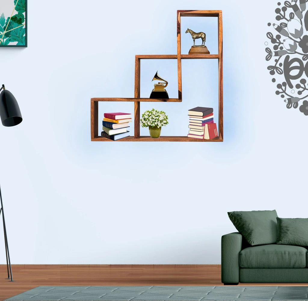 Sheesham Furniture:-Solid Wood Wall Shelves in Natural Finish