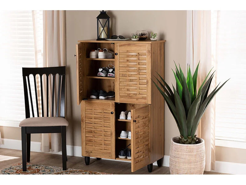 Shoe Rack: Oak Brown Finished Wood 4-Door Shoe Storage Cabinet