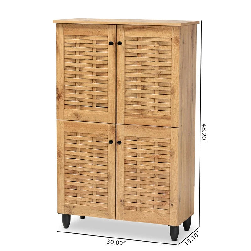 Shoe Rack: Oak Brown Finished Wood 4-Door Shoe Storage Cabinet