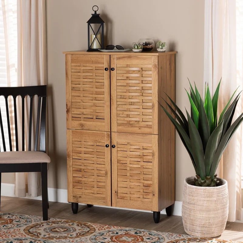 Shoe Rack: Oak Brown Finished Wood 4-Door Shoe Storage Cabinet