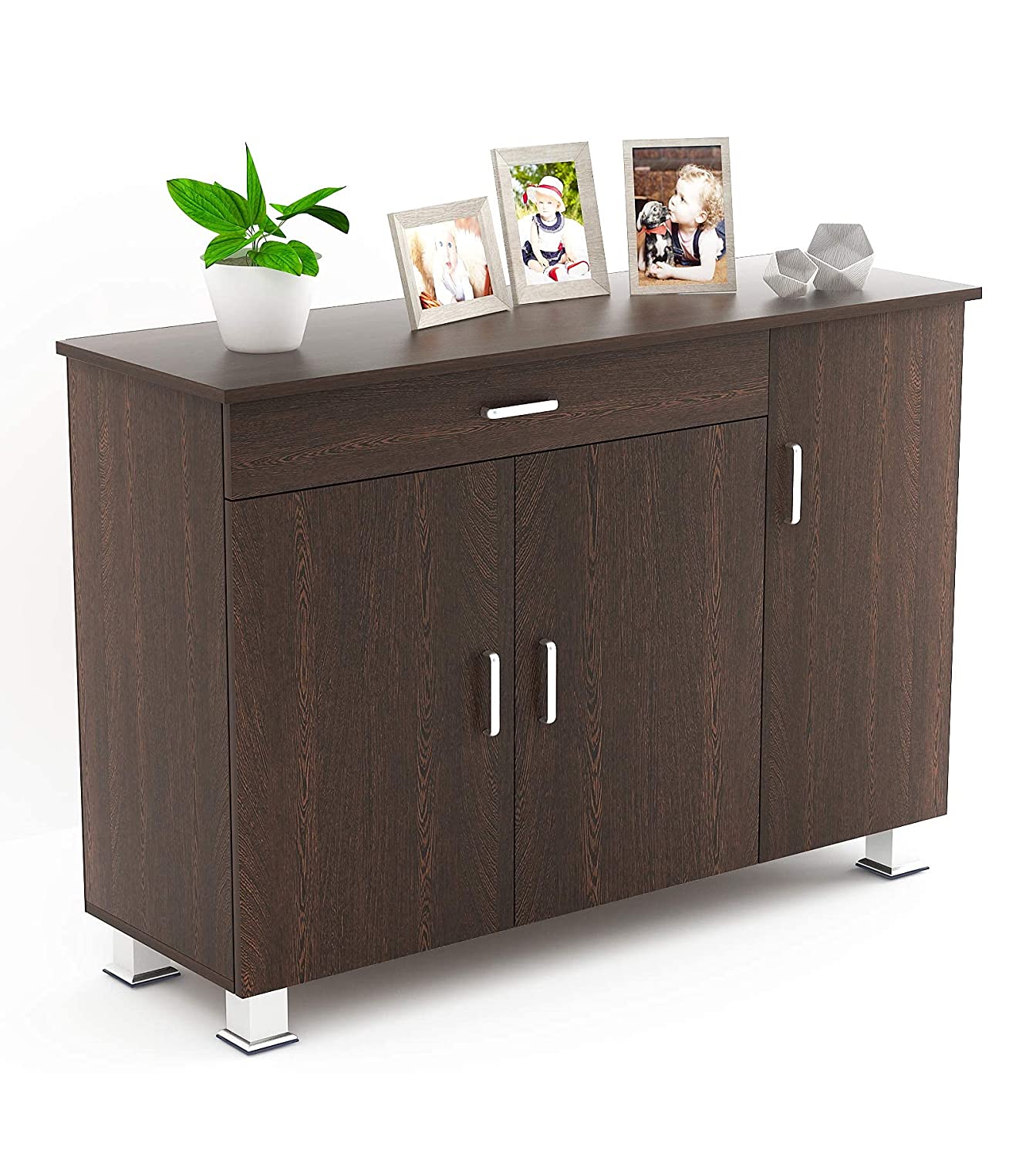 Shoe Rack: Waspen Wood 3 Door Shoe Rack Cabinet with Drawer Steel Legs (Wenge)