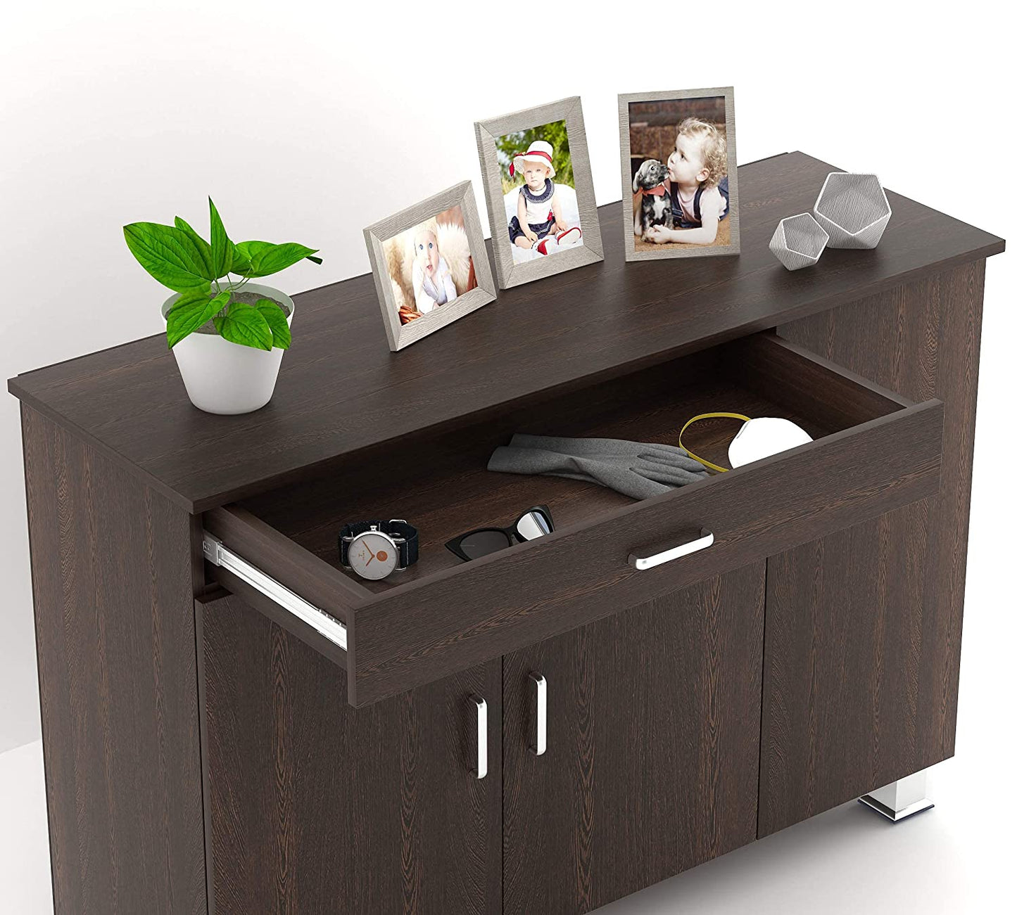 Shoe Rack: Waspen Wood 3 Door Shoe Rack Cabinet with Drawer Steel Legs (Wenge)