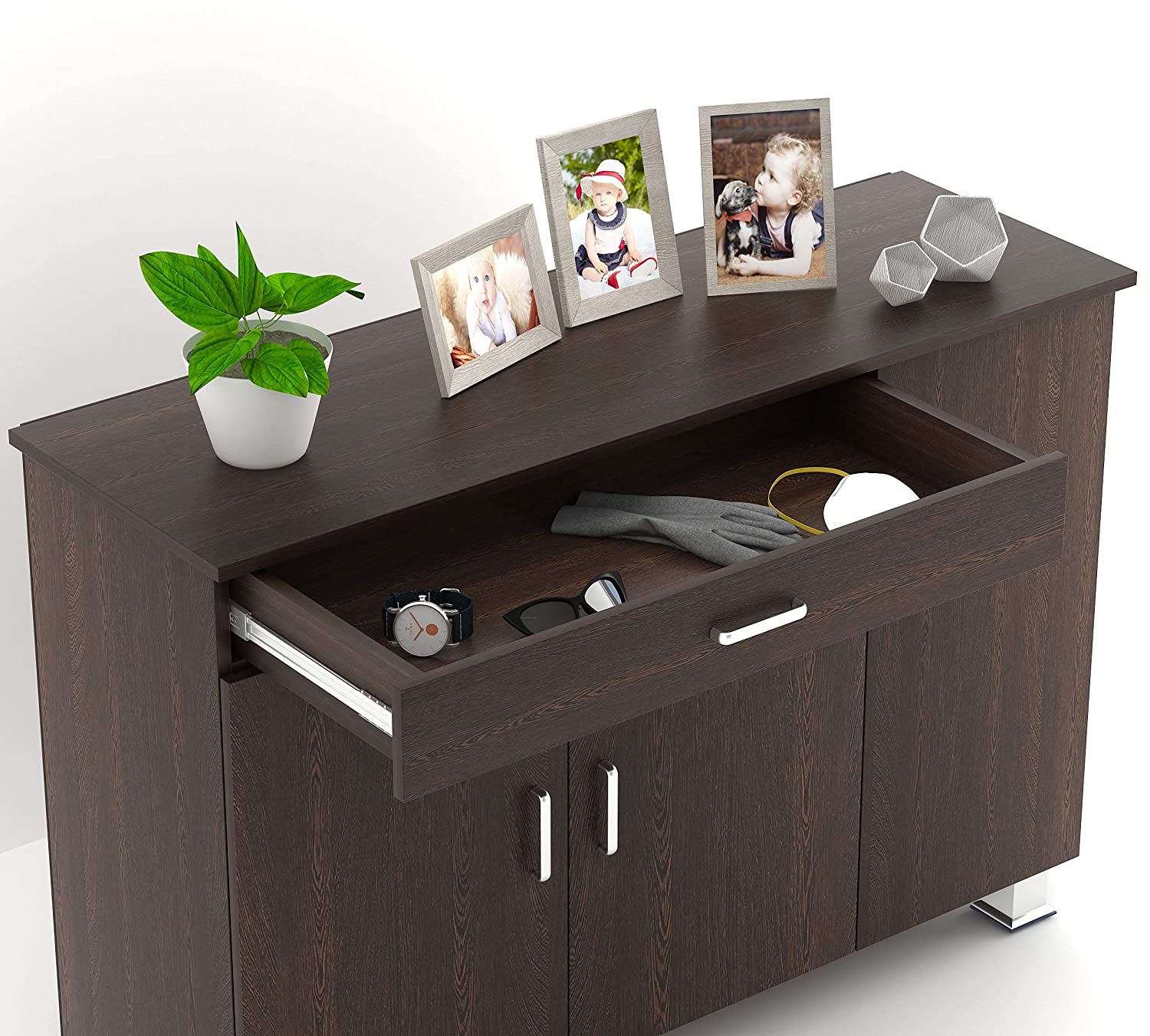 Shoe Rack: Waspen Wood 3 Door Shoe Rack Cabinet with Drawer Steel Legs (Wenge)