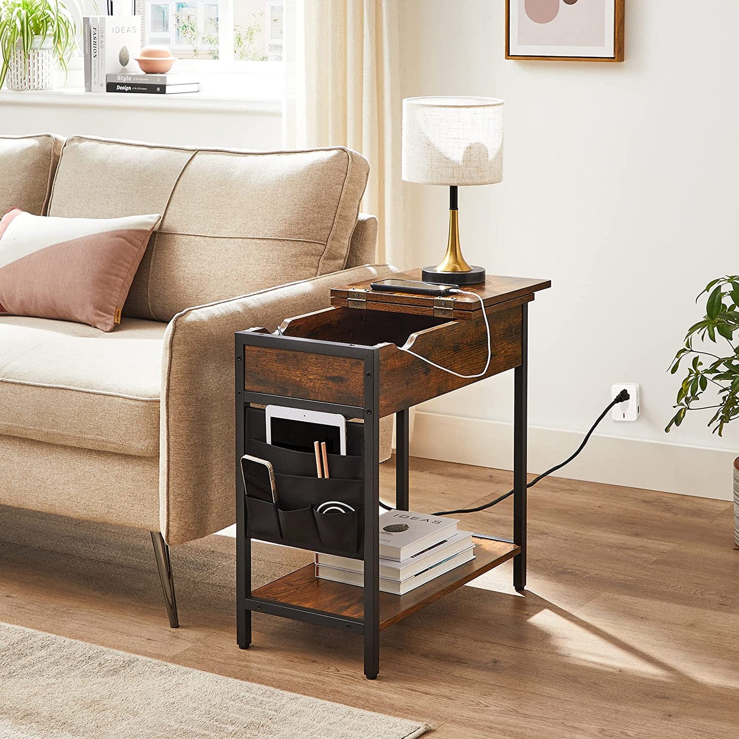 Side Table Storage Shelf and Fabric Bag, for Living Room, Bedroom, Rustic Brown and Black
