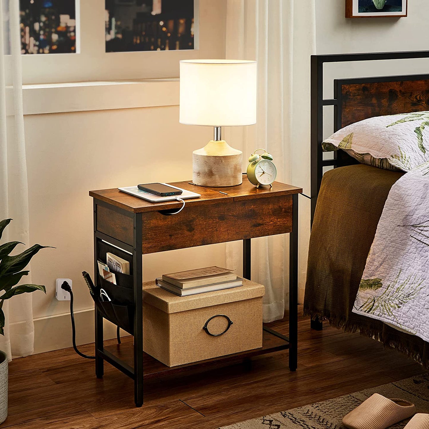 Side Table Storage Shelf and Fabric Bag, for Living Room, Bedroom, Rustic Brown and Black