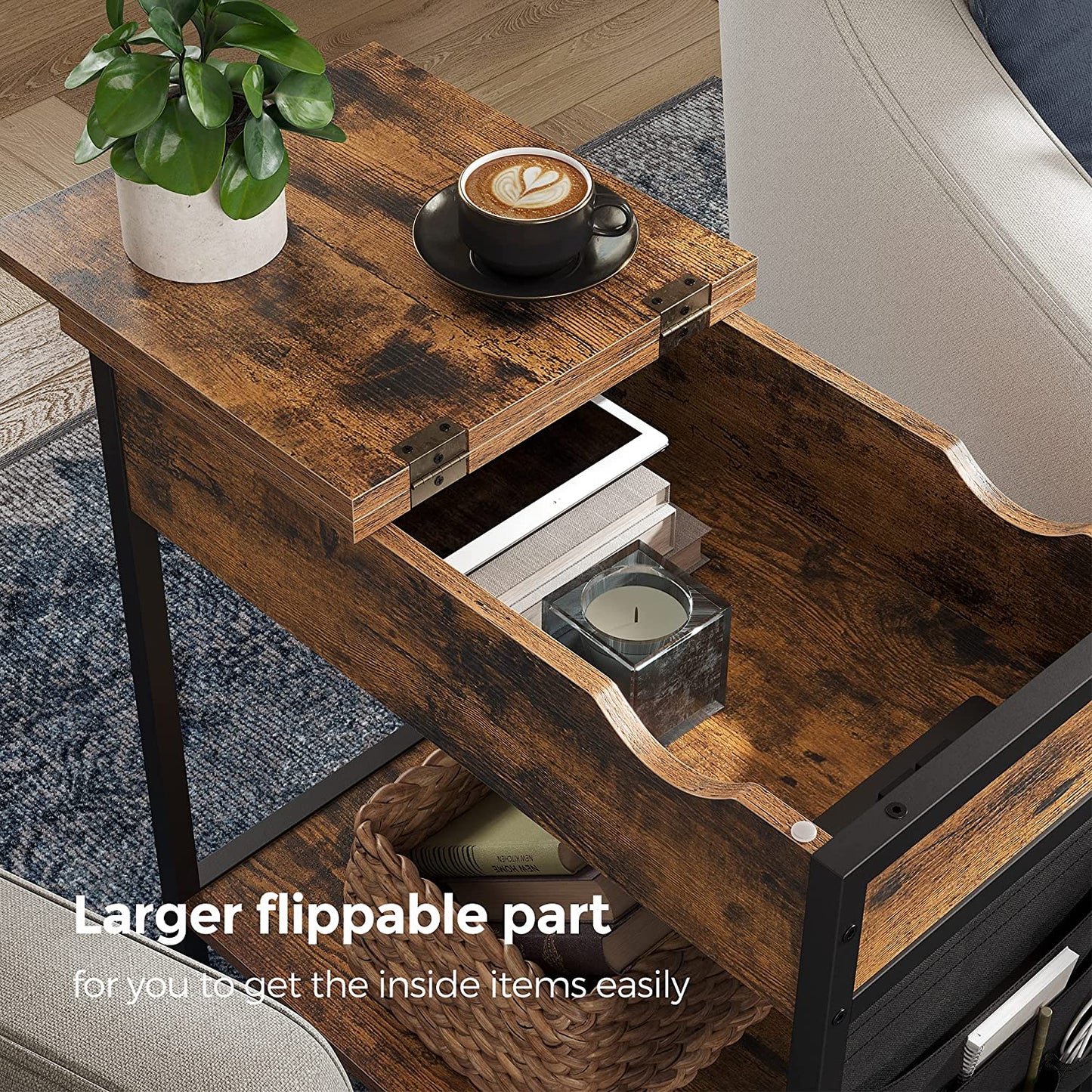 Side Table Storage Shelf and Fabric Bag, for Living Room, Bedroom, Rustic Brown and Black