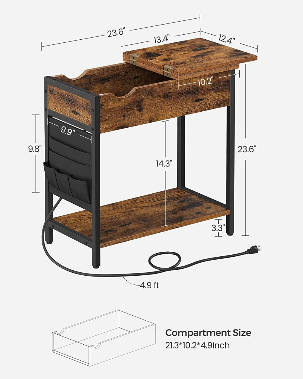 Side Table Storage Shelf and Fabric Bag, for Living Room, Rustic Brown and Black