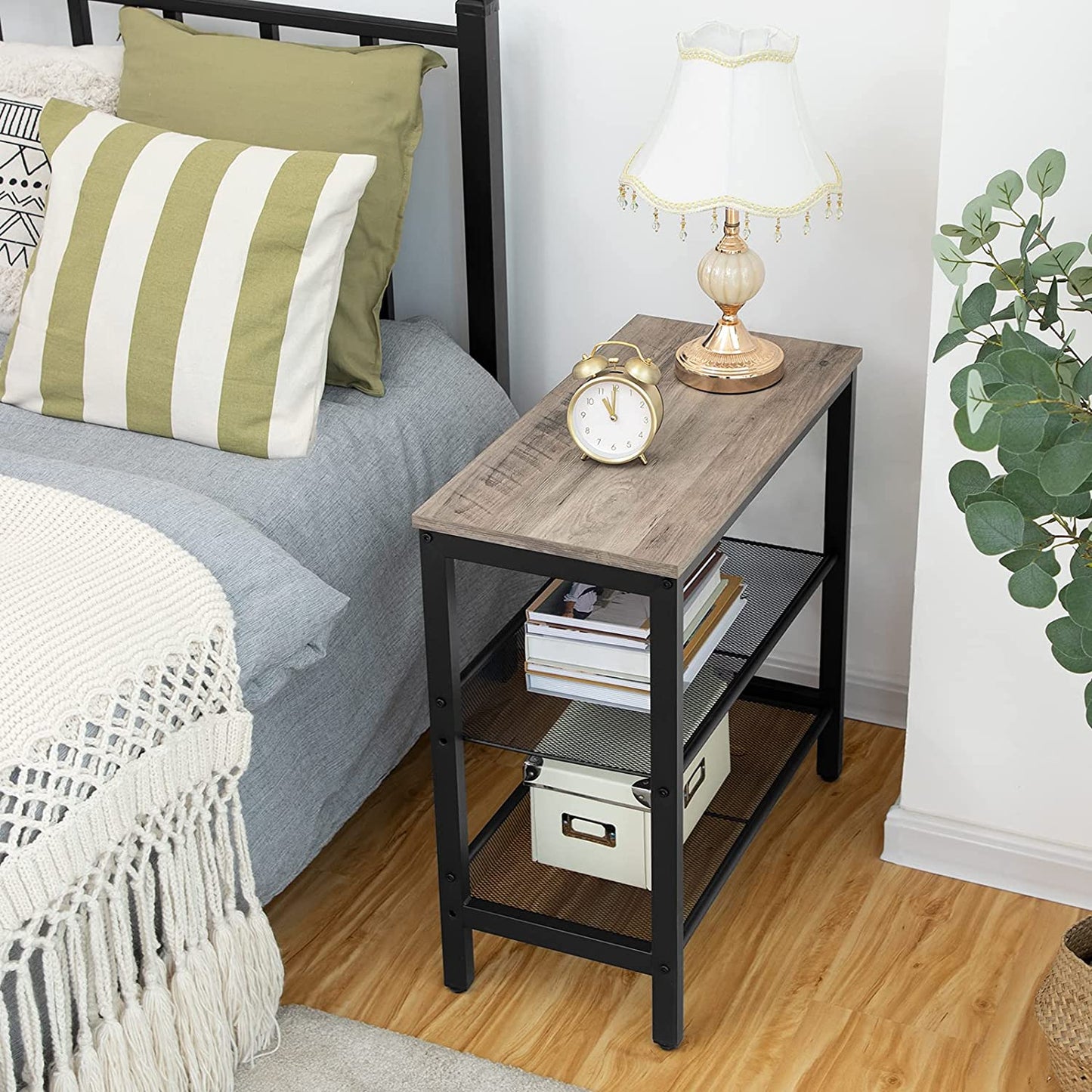 Side Tables 2 Flat or Slant Adjustable Shelves for Small Spaces, Hallway, Living Room, Bedroom, Sturdy, Easy Assembly, Greige and Black