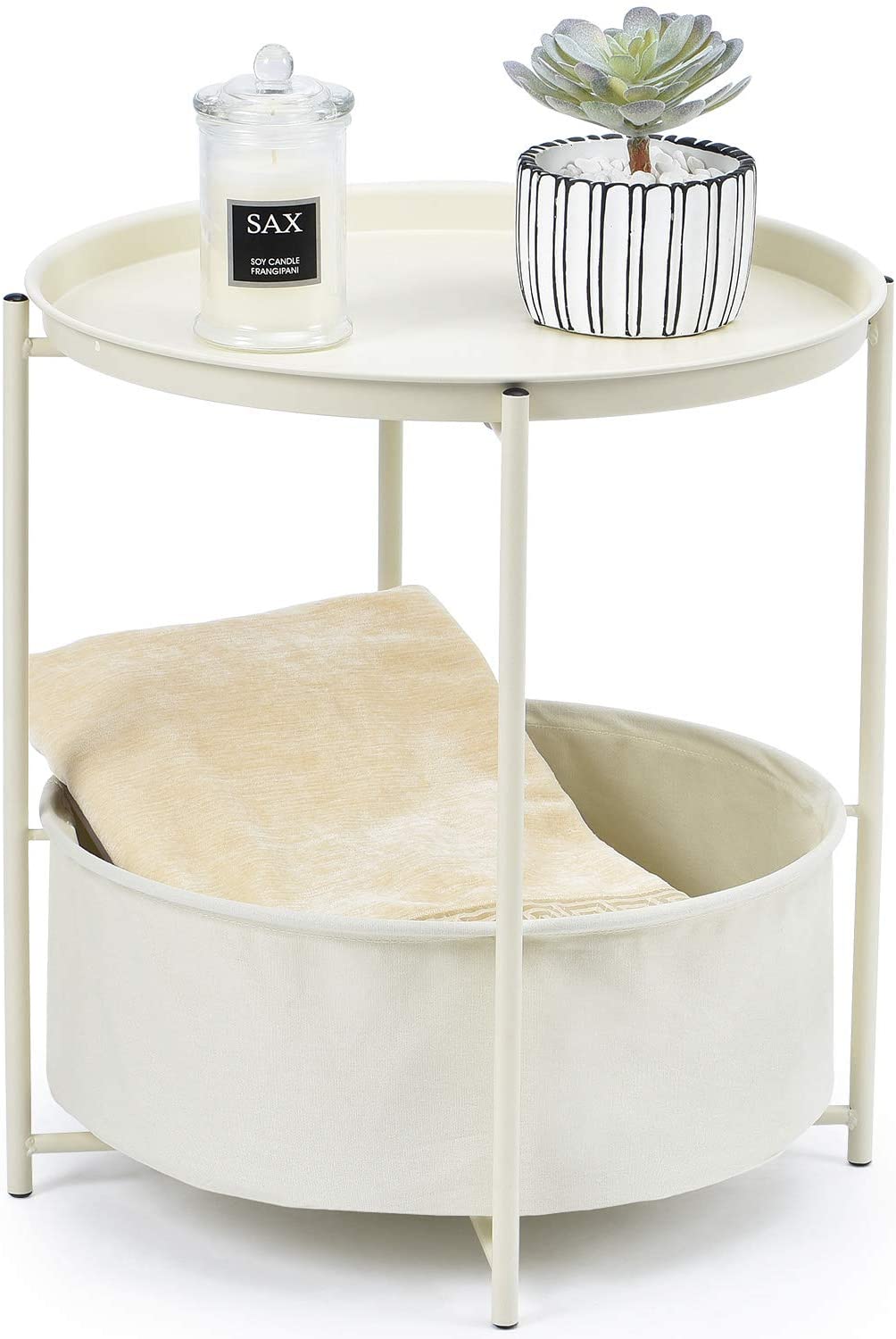 Side Tables Coffee Round Table with Detachable Tray Top and Fabric Storage Basket, Scandi Style Table for Living Room Bedroom (Cream)