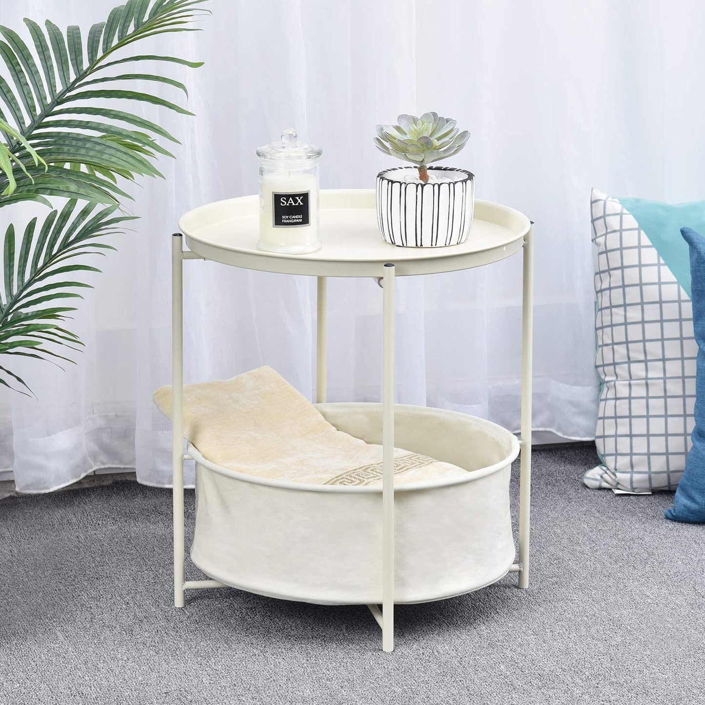 Side Tables Coffee Round Table with Detachable Tray Top and Fabric Storage Basket, Scandi Style Table for Living Room Bedroom (Cream)