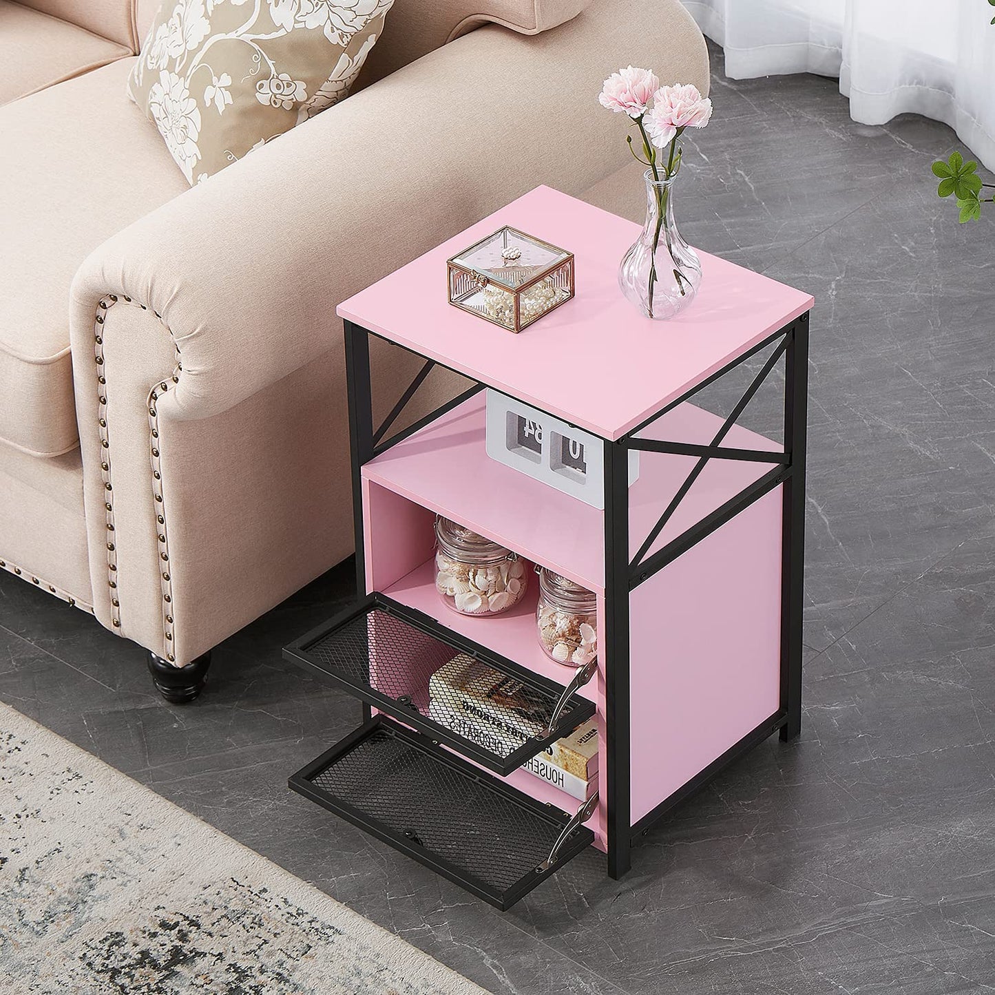 Side Tables: End Side Table with Storage Space and Flip Drawers