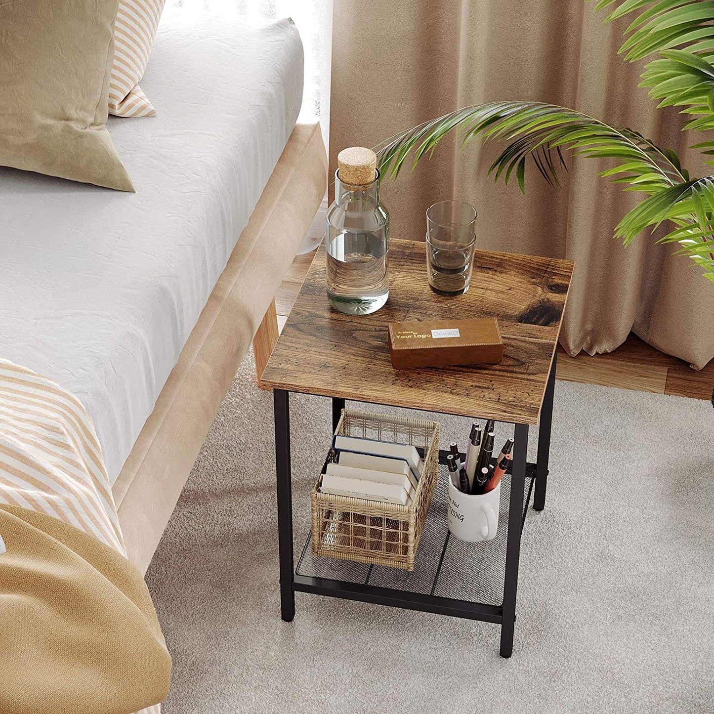 Side Tables: Heavy-Duty Steel Frame, Living Room, Simple Assembly 1-Pack, Chestnut Brown, Black
