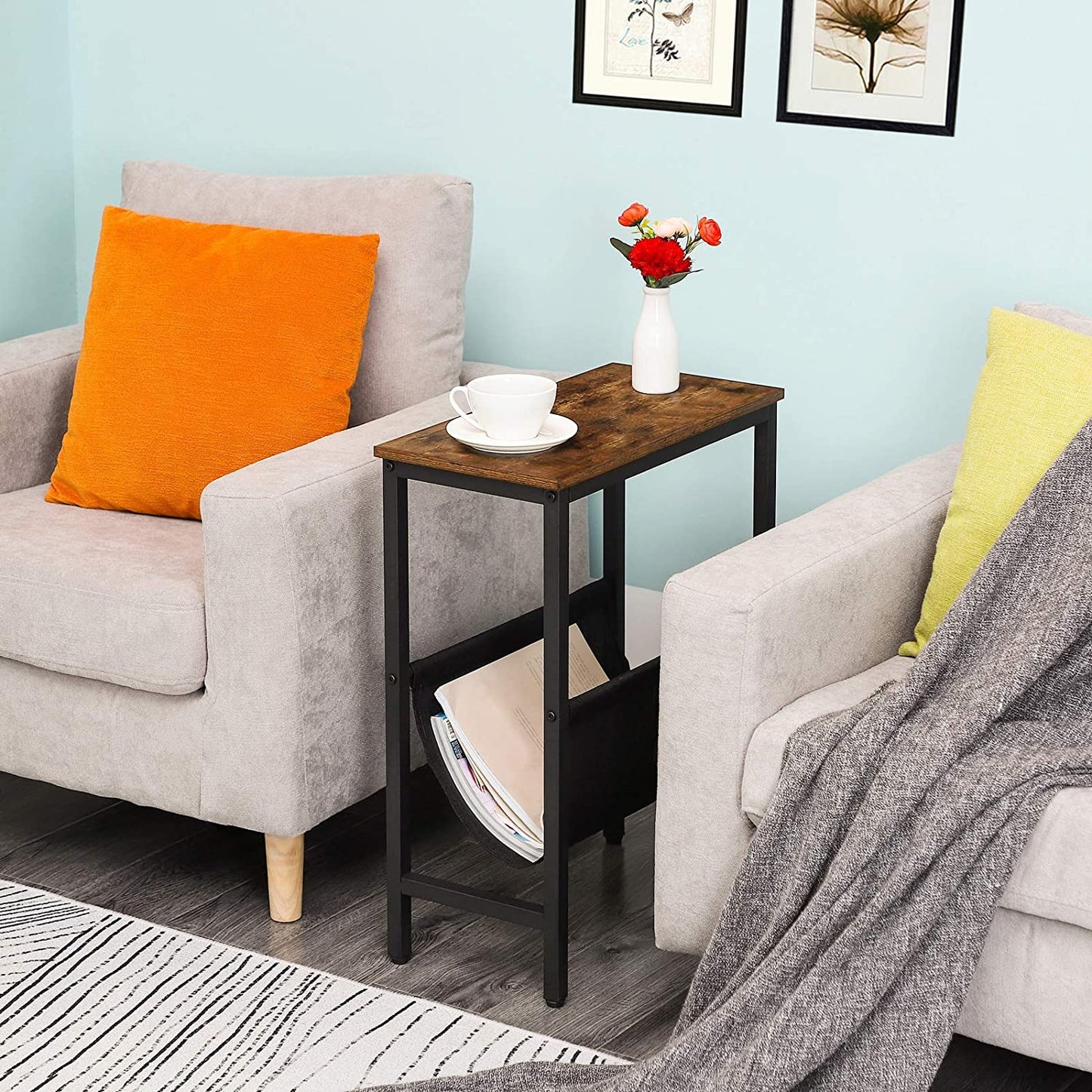 Side Tables: Narrow End Table with Magazine Holder Sling