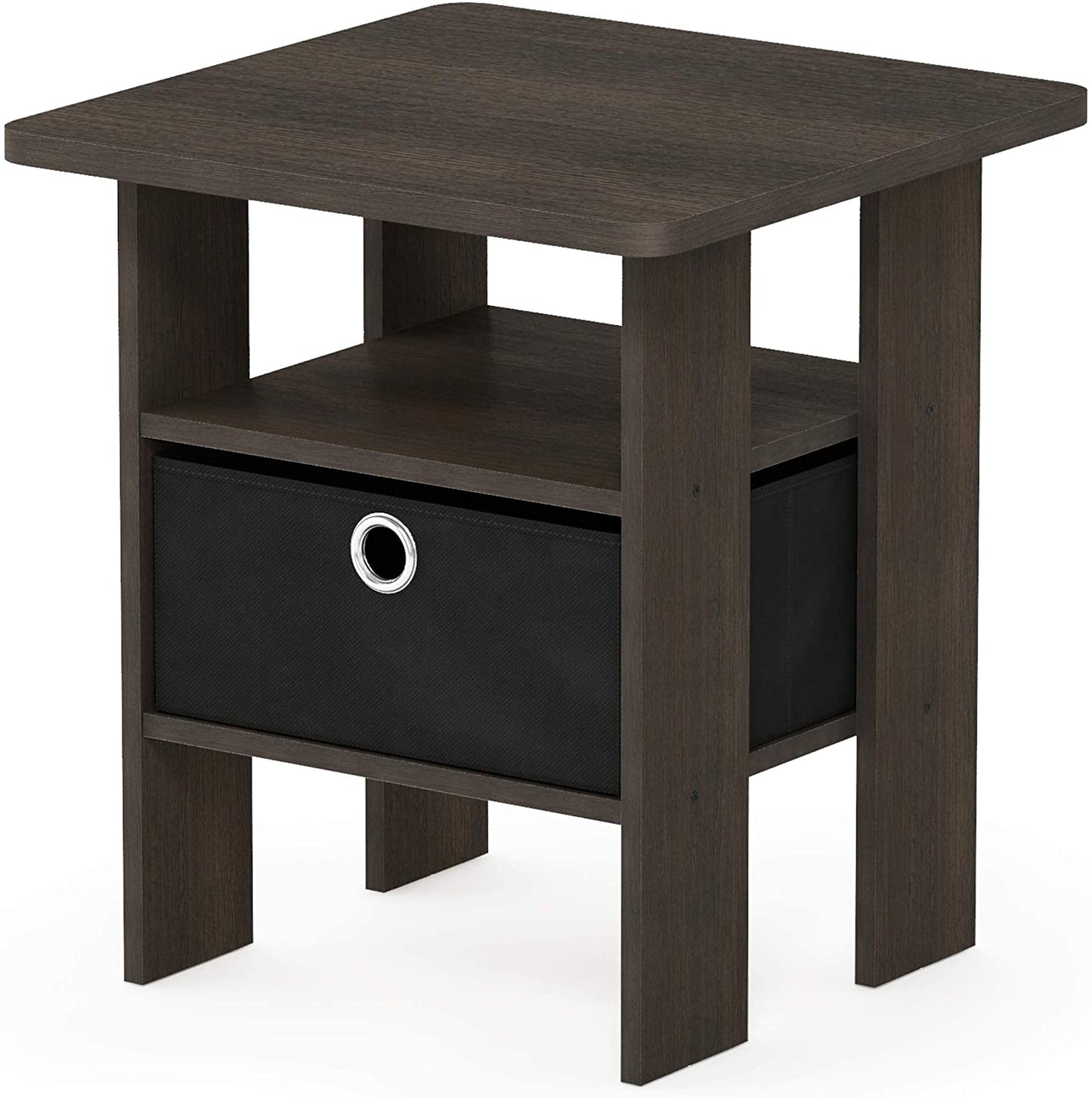 Side Tables Night Stand w Bin Drawer, Dark Brown Black
