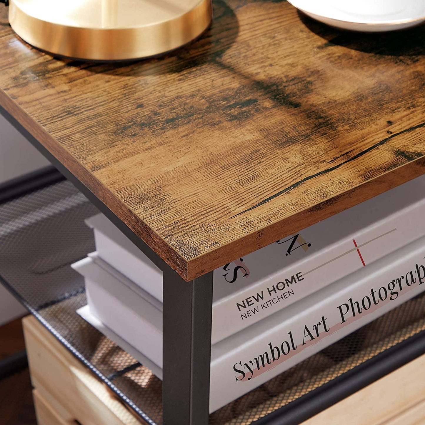 Side Tables: Nightstand with 2 Adjustable Mesh Shelves, Stable Metal Frame