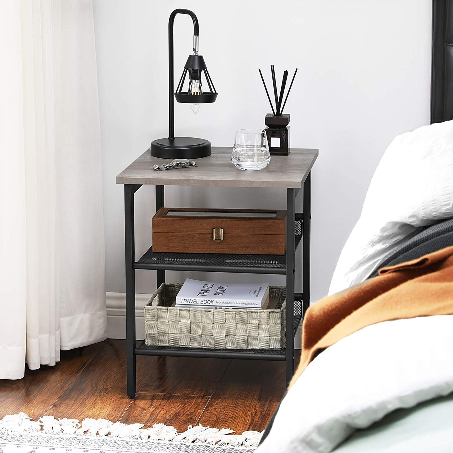 Side Tables: Nightstand with 2 Adjustable Mesh Shelves, Stable Metal Frame