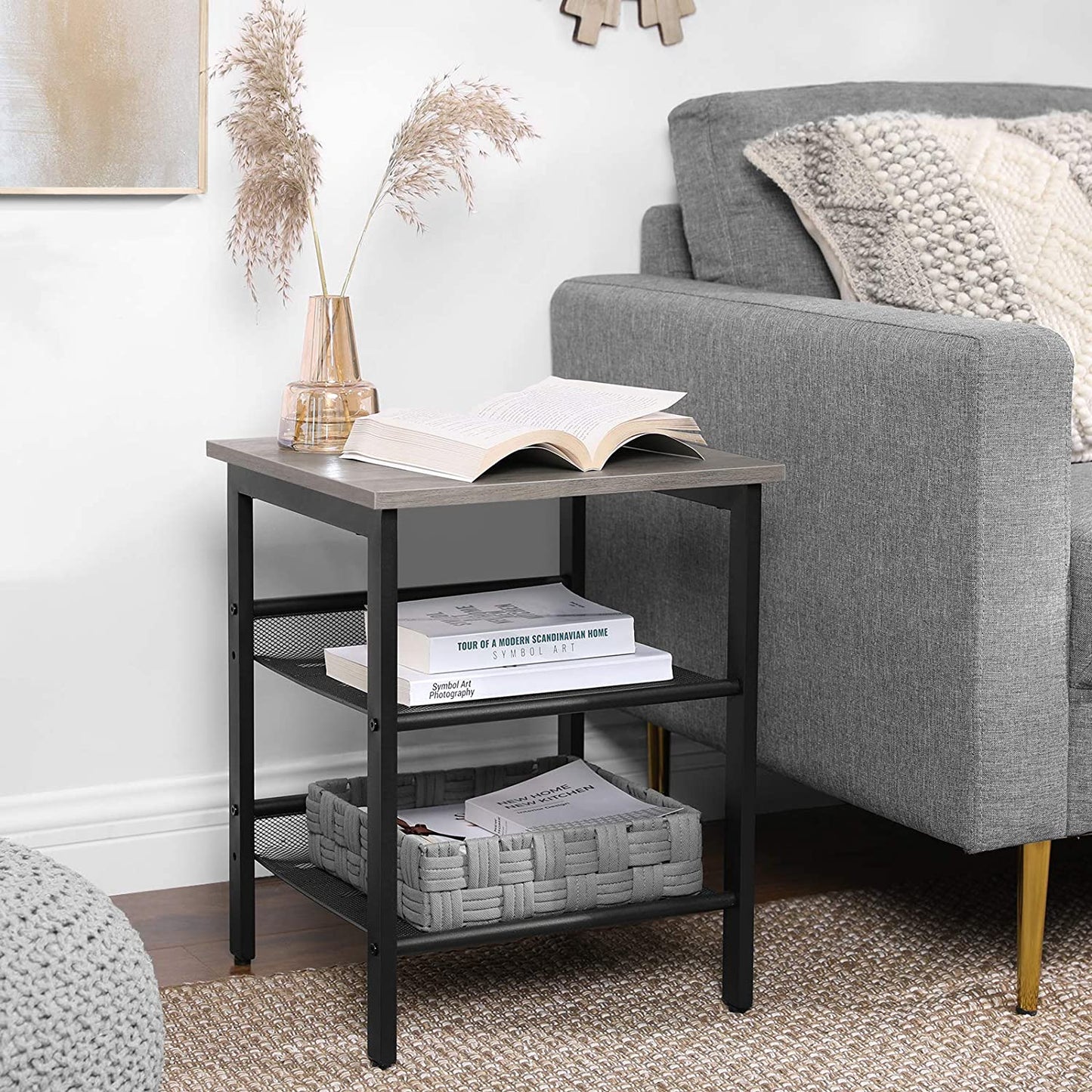 Side Tables: Nightstand with 2 Adjustable Mesh Shelves, Stable Metal Frame