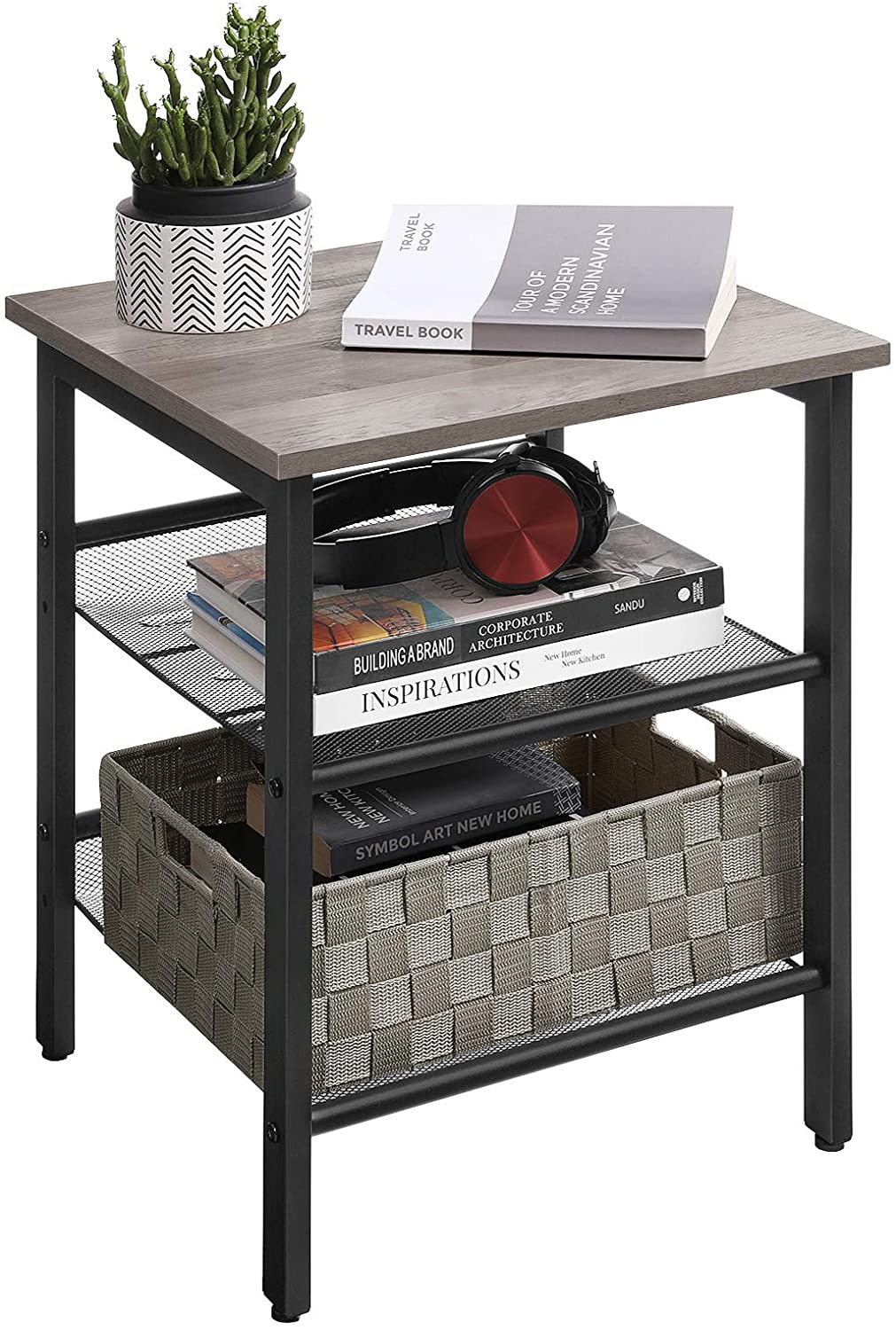 Side Tables: Nightstand with 2 Adjustable Mesh Shelves, Stable Metal Frame