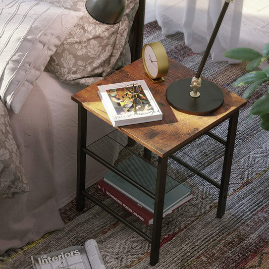 Side Tables: Nightstand with 2 Adjustable Mesh Shelves, Stable Metal Frame