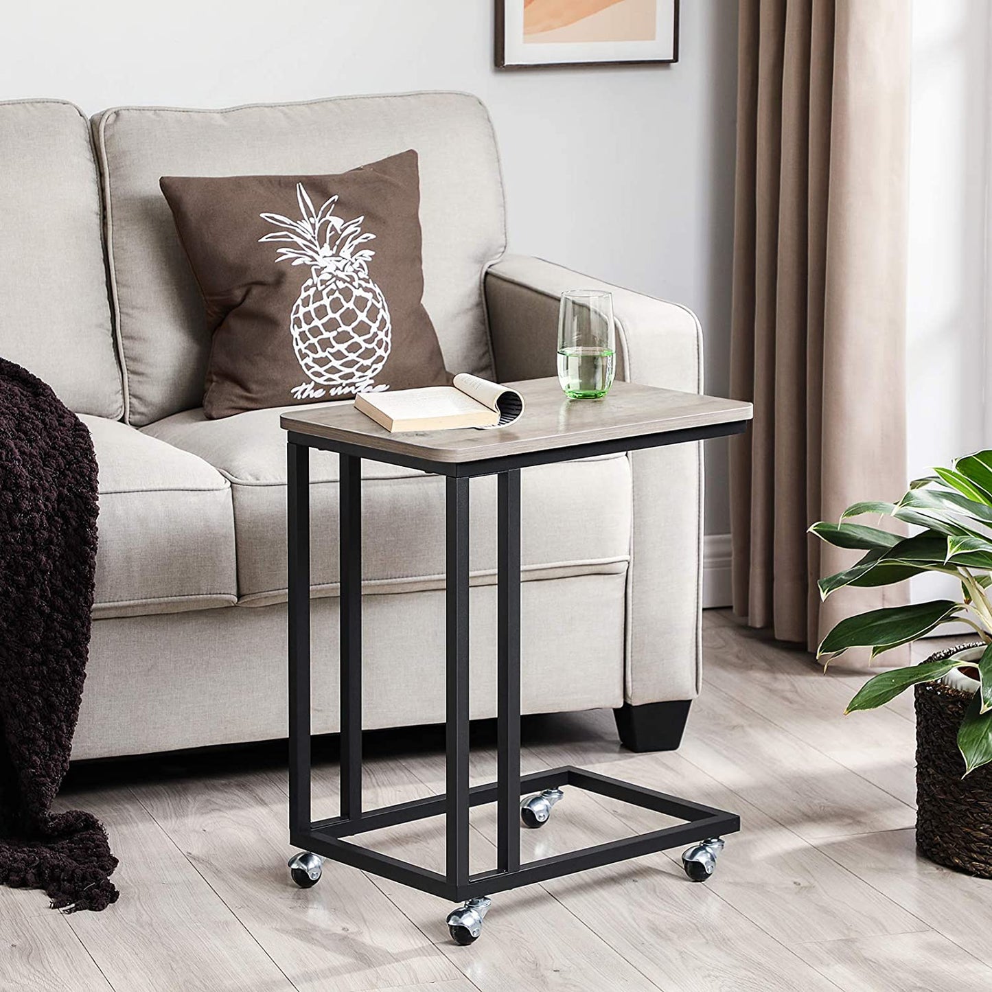 Side Tables: TV Tray, C Shaped Snack Table with Metal Frame, Rolling Casters, Industrial, for Living Room, Bedroom, Light Ivory and Black