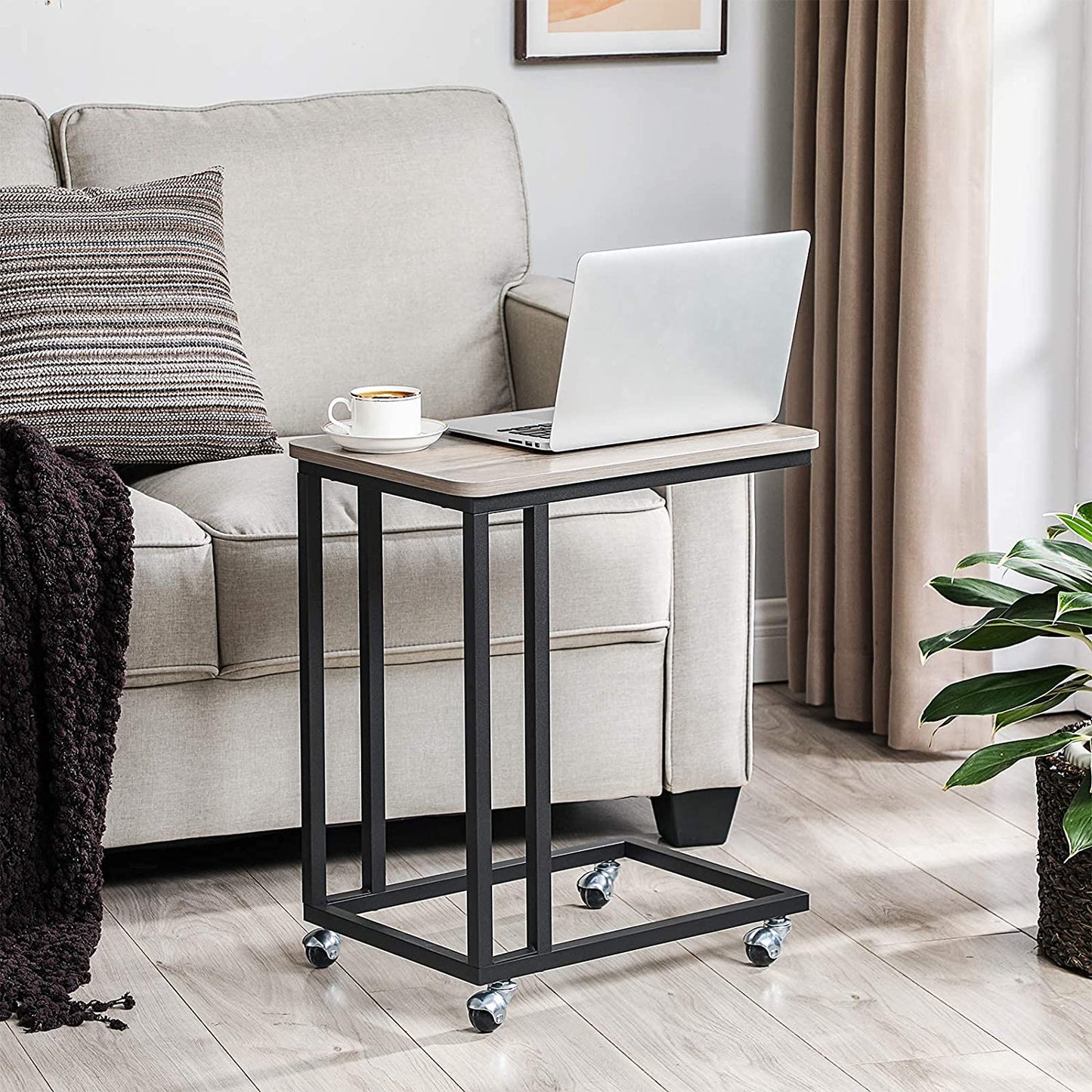 Side Tables: TV Tray, C Shaped Snack Table with Metal Frame, Rolling Casters, Industrial, for Living Room, Bedroom, Light Ivory and Black