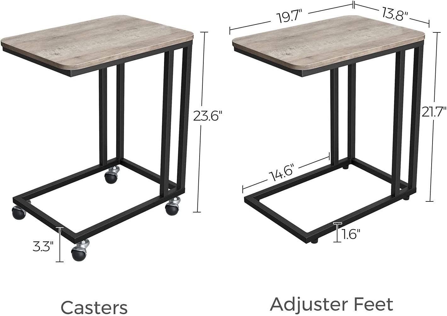 Side Tables: TV Tray, C Shaped Snack Table with Metal Frame, Rolling Casters, Industrial, for Living Room, Bedroom, Light Ivory and Black