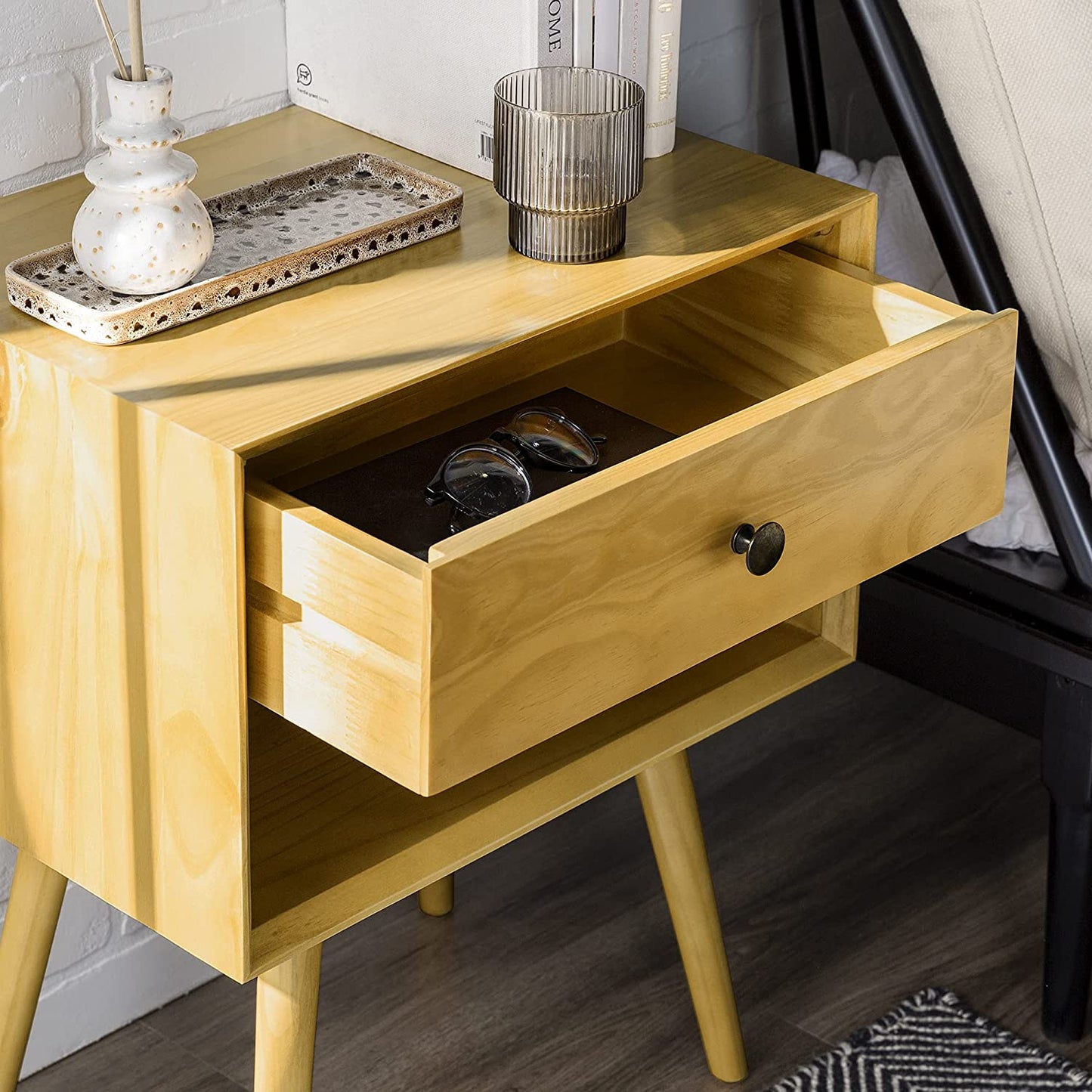 Side Tables: Wood Nightstand Side Bedroom Storage Drawer and Shelf Bedside End Table