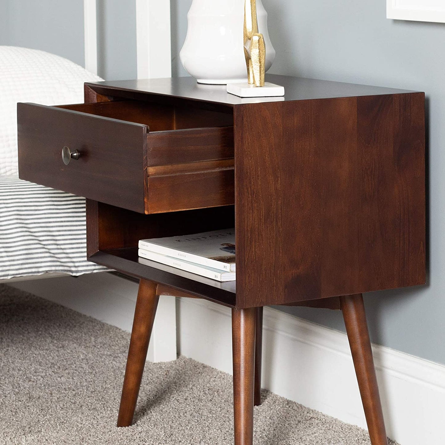 Side Tables: Wood Nightstand Side Bedroom Storage Drawer and Shelf Bedside End Table