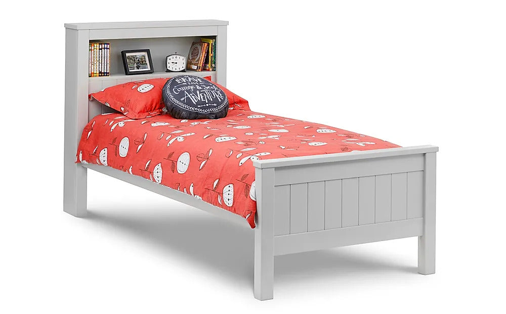 Single Bed: Grey Bed with Shelf Single Bed