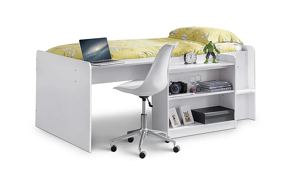 Single Bed: White Midsleeper with Desk Single Bed