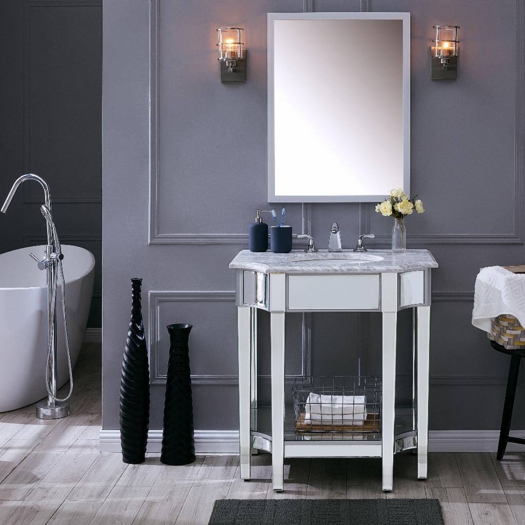 Single Sink Vanities: 32 in. Marble Topped Mirrored Vanity with Sink