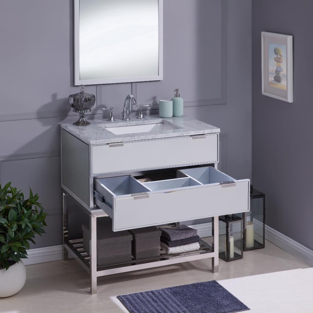 Single Sink Vanities: 32 in. Marble Topped Mirrored Vanity with Sink