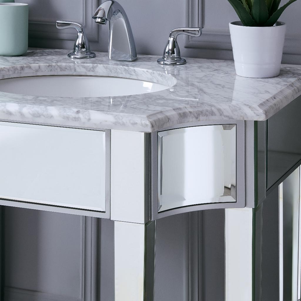 Single Sink Vanities: 32 in. Marble Topped Mirrored Vanity with Sink