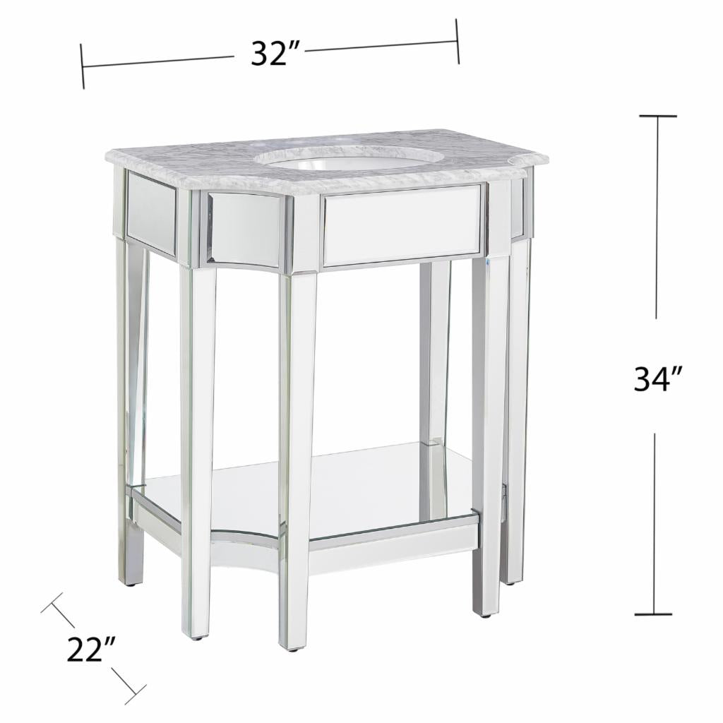 Single Sink Vanities: 32 in. Marble Topped Mirrored Vanity with Sink