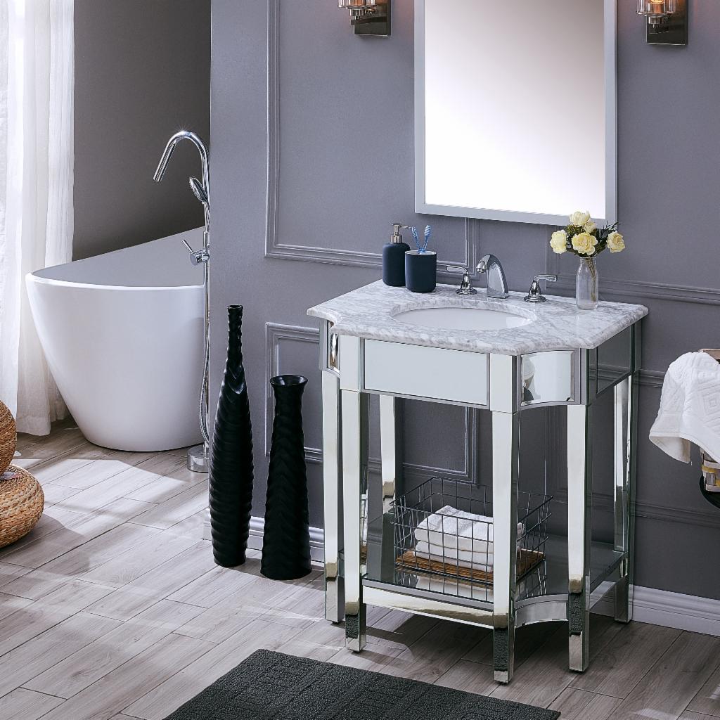 Single Sink Vanities: 32 in. Marble Topped Mirrored Vanity with Sink