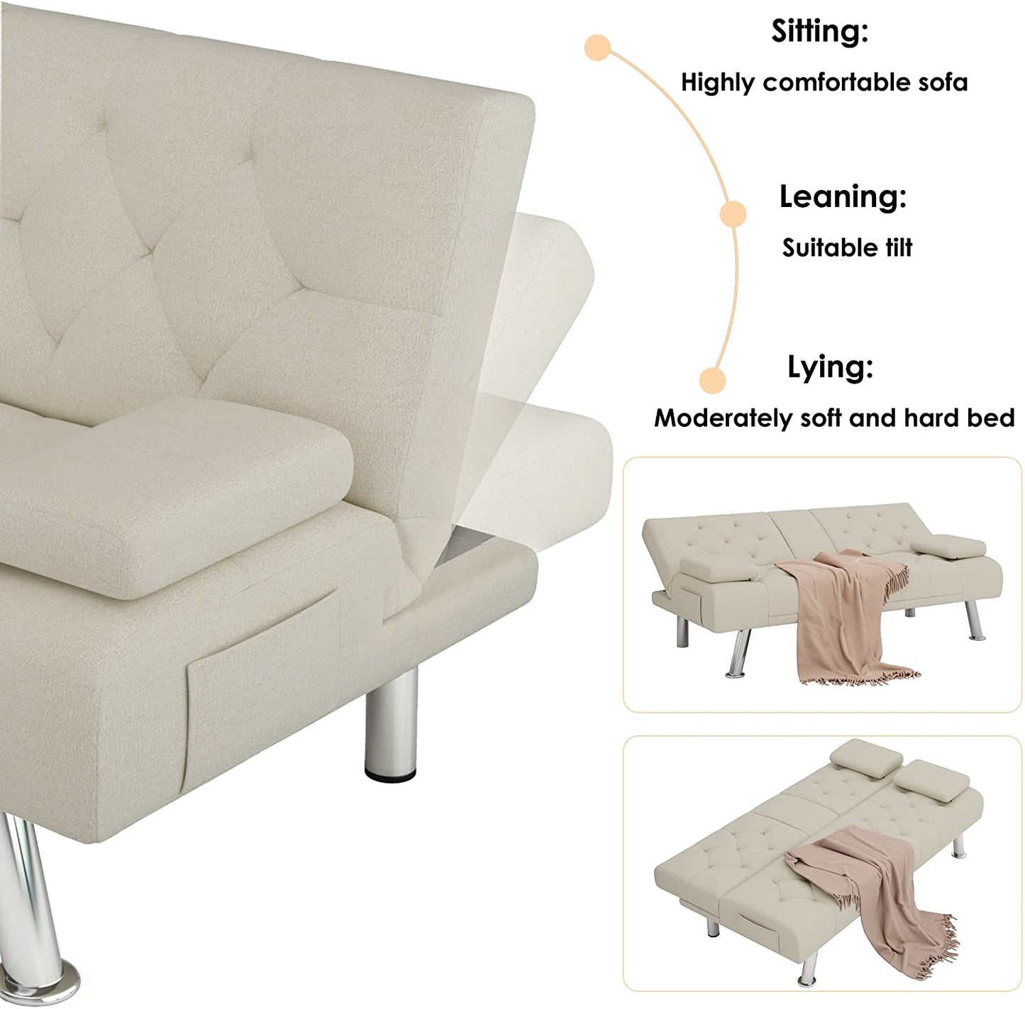 Sofa Cum Beds Fabric Couch for Compact Metal Legs