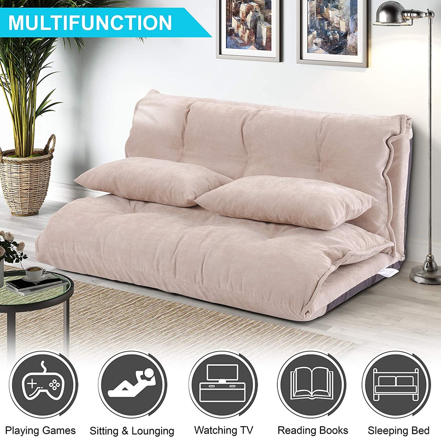 Sofa Cum Beds Foldable Mattress Futon Couch Bed with 2 Pillows (Pink)