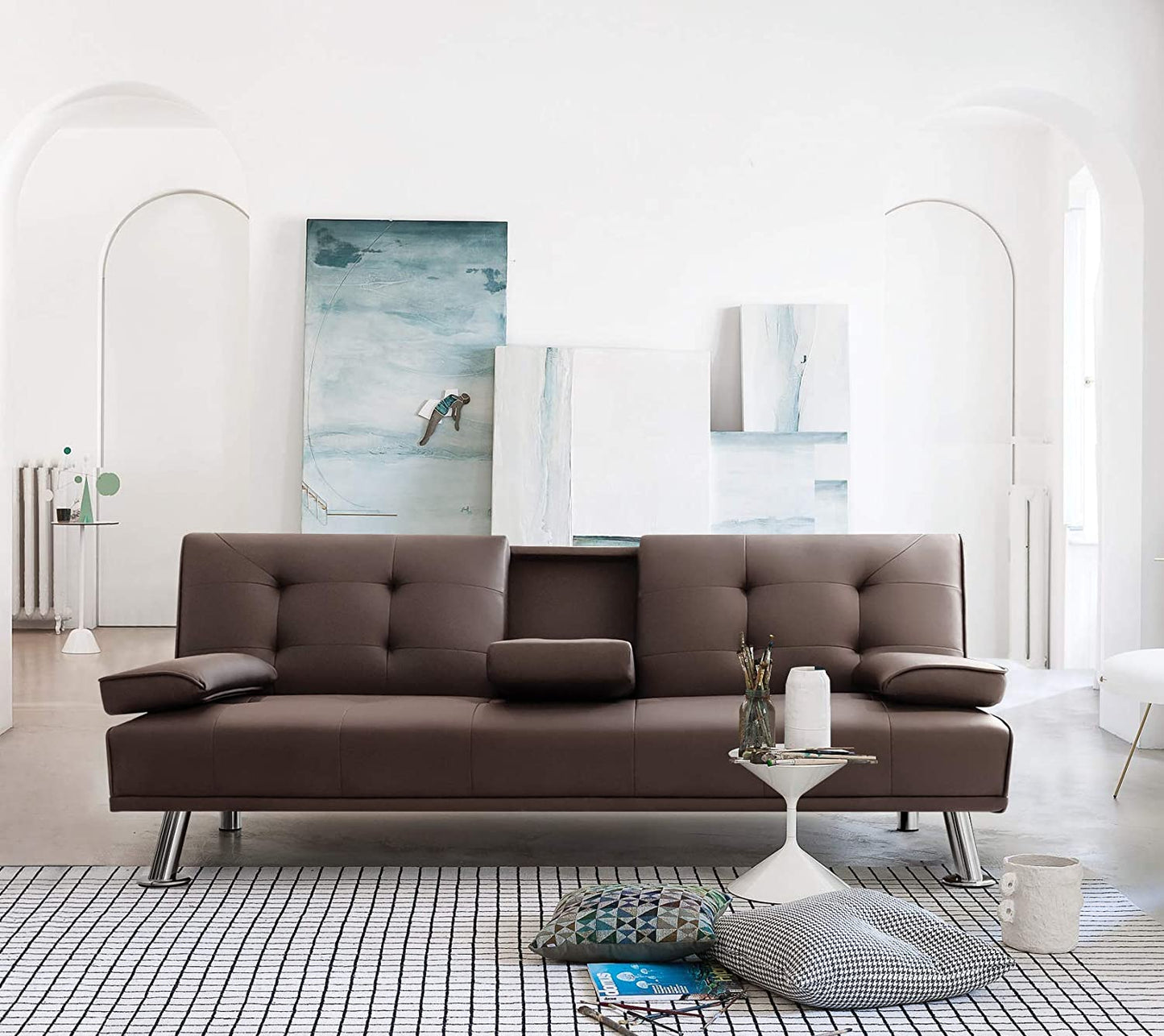 Sofa Cum Beds: Lounge Futon Couch for Living Room with 2 Cup Holders with Armrest