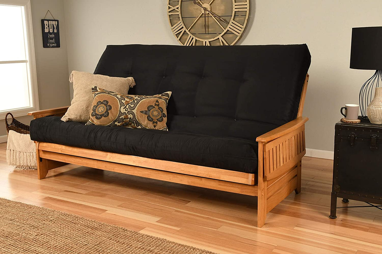 Sofa Cum Beds Set in Butternut Finish, Suede Black