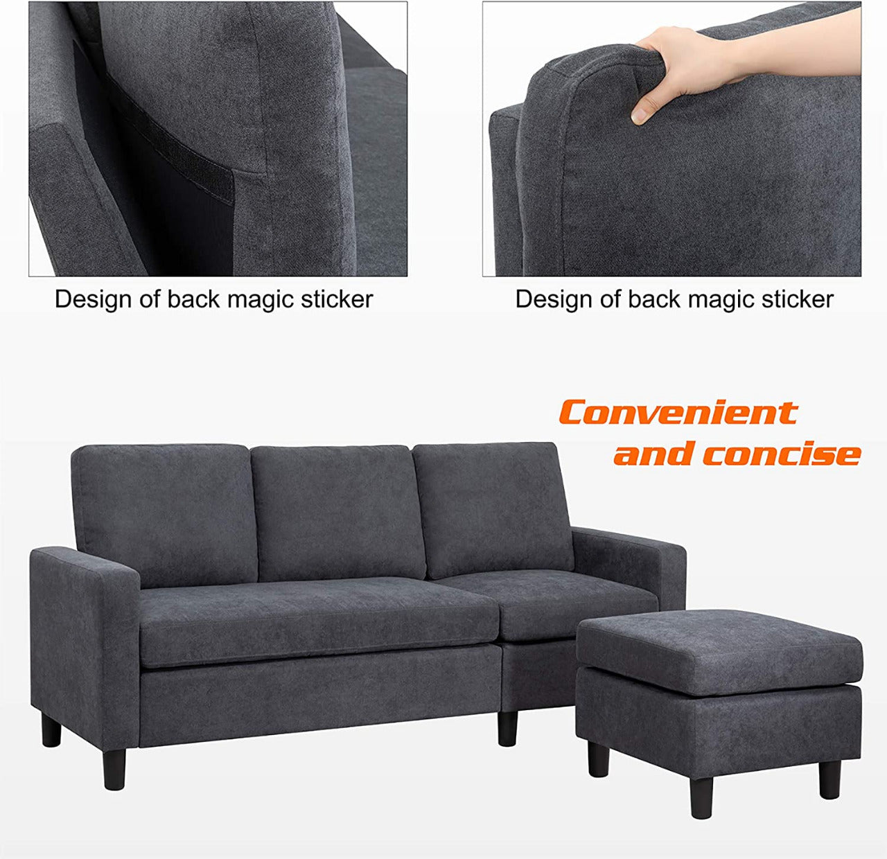 L Shape Sofa Set: Grey Fabric L Shape Convertible Sofa Set