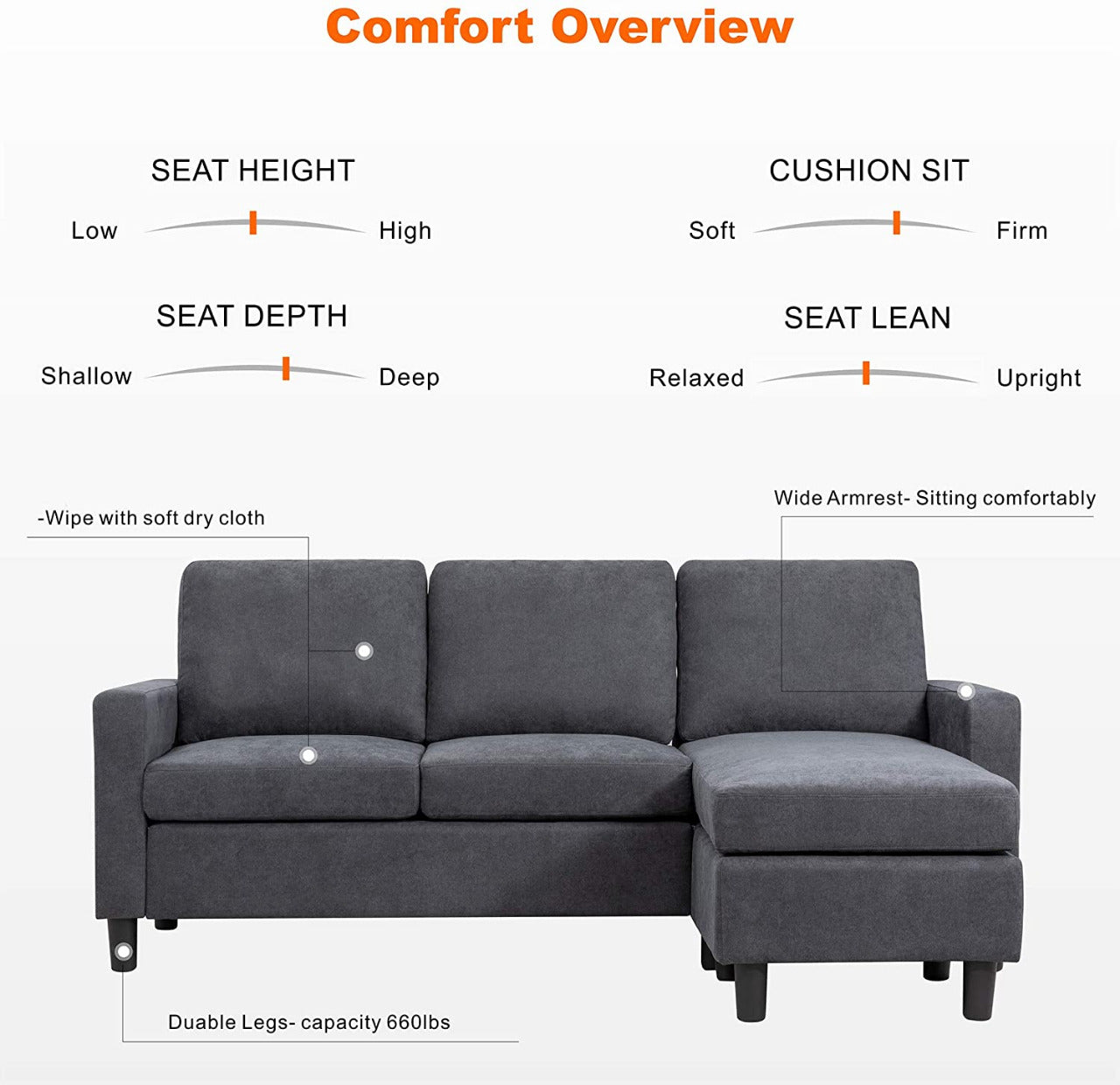 L Shape Sofa Set: Grey Fabric L Shape Convertible Sofa Set