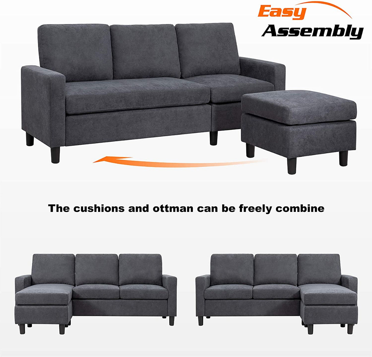 L Shape Sofa Set: Grey Fabric L Shape Convertible Sofa Set