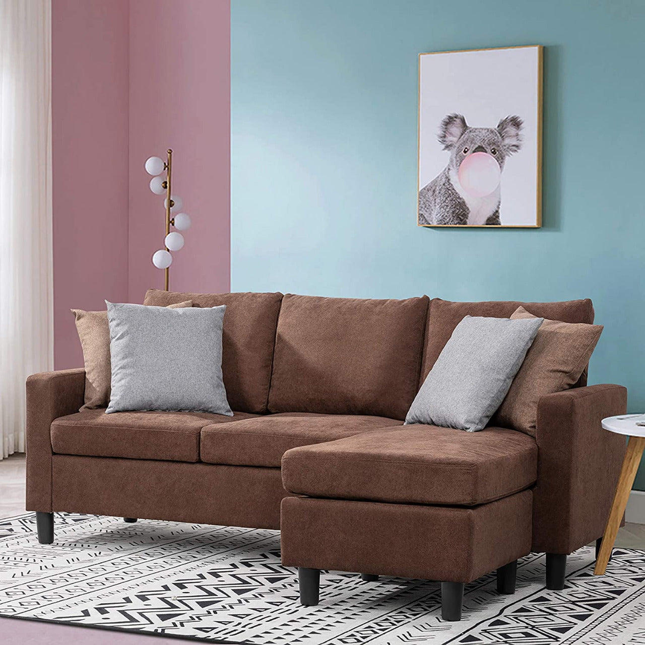 L Shape Sofa Set: Grey Fabric L Shape Convertible Sofa Set