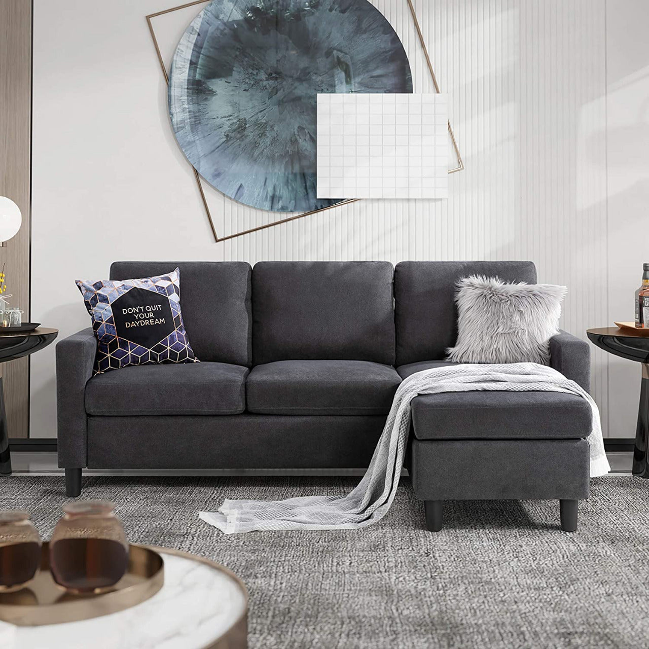 L Shape Sofa Set: Grey Fabric L Shape Convertible Sofa Set