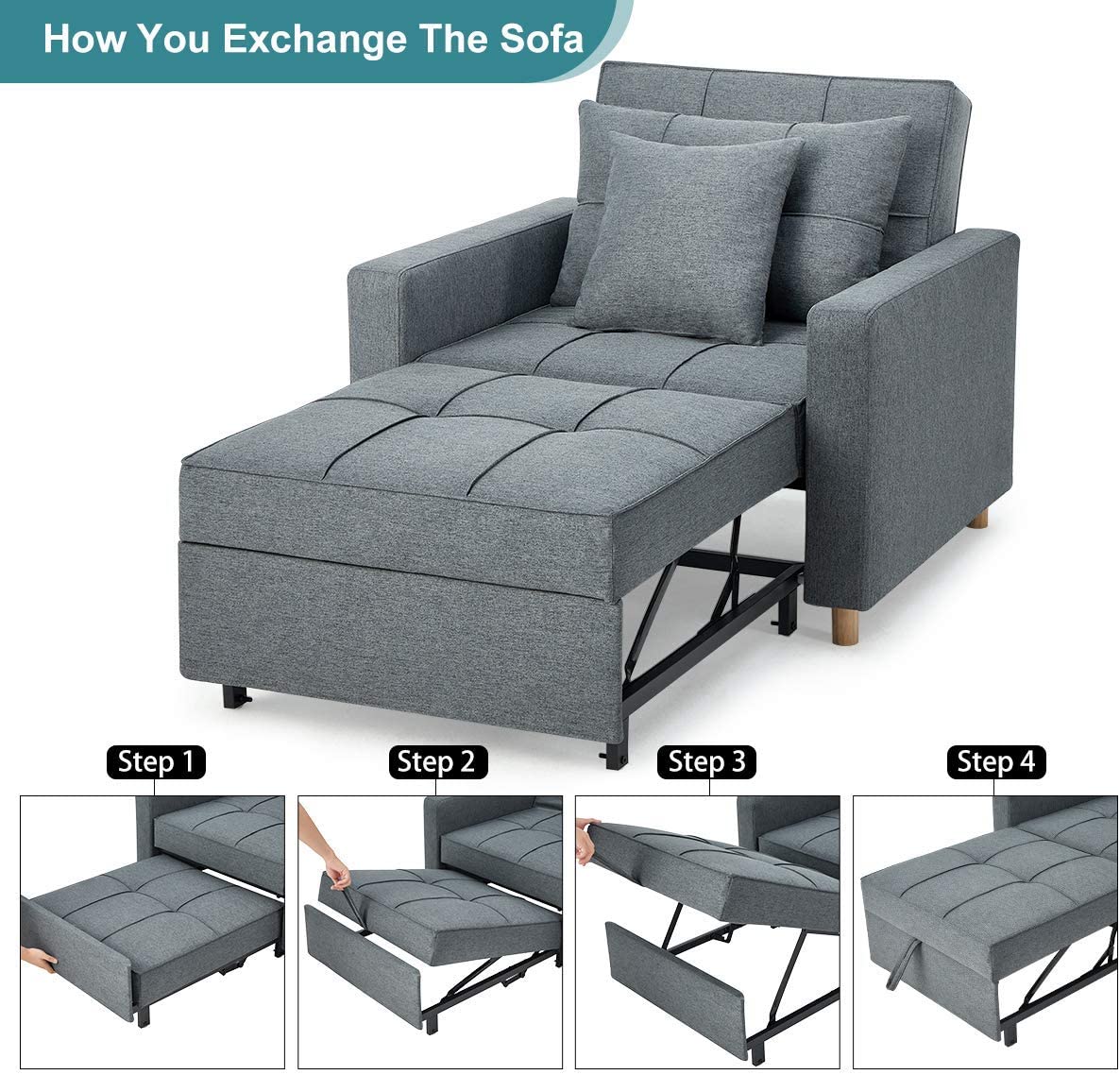 Sofa Chair: Dark Gray Fabric Convertible Sleeper Chair Sofa Bed